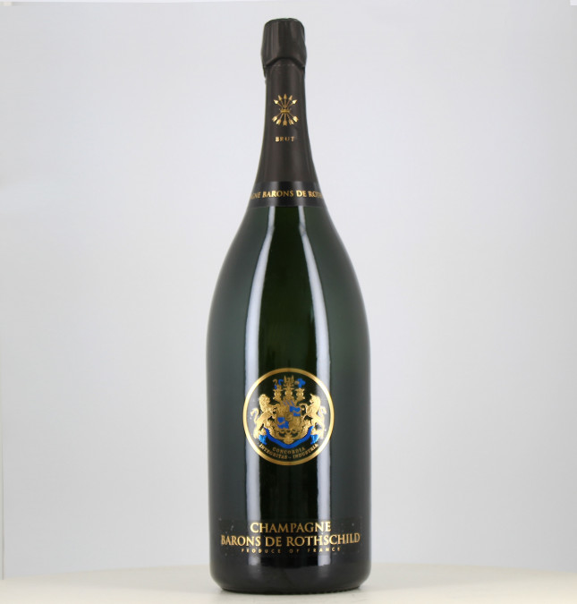 Champagne brut Mathusalem Barons de Rothschild con scatola di legno. 
